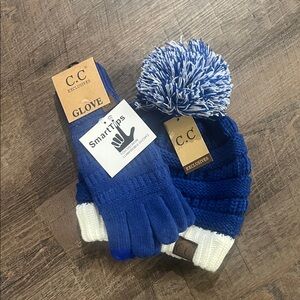 C.C Womens Royal Blue & White Pom Pom Beanie with Matching Gloves